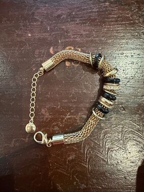 Gold tone Joe Fresh Mesh Bracelet with Black and Crystal Accent Beads
